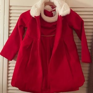 NWT Girls Red Velveteen Dress and Matching Coat and Accessories.